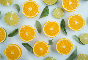 Fototapeta premium A Collection Of Sliced And Whole Oranges, Lemons, And Limes Are Displayed On A White Background, Citrus Fruits, Freshness, Vitamin C, Healthy Eating