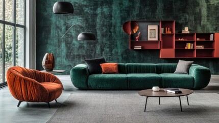 Modern living room featuring bold emerald green and burnt orange upholstery.