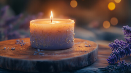 Glowing Scented Candle on Wooden Slab with Lavender and Bokeh Lights