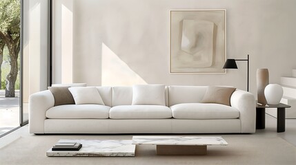 Minimalist living room with a sleek white sofa, marble side tables, and integrated storage, balanced by soft textures and a muted color scheme.