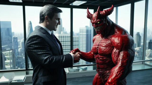 A businessman shakes hands with a demon in a modern office. This unlikely partnership blends corporate life with fantasy, creating a striking visual contrast that sparks the imagination.