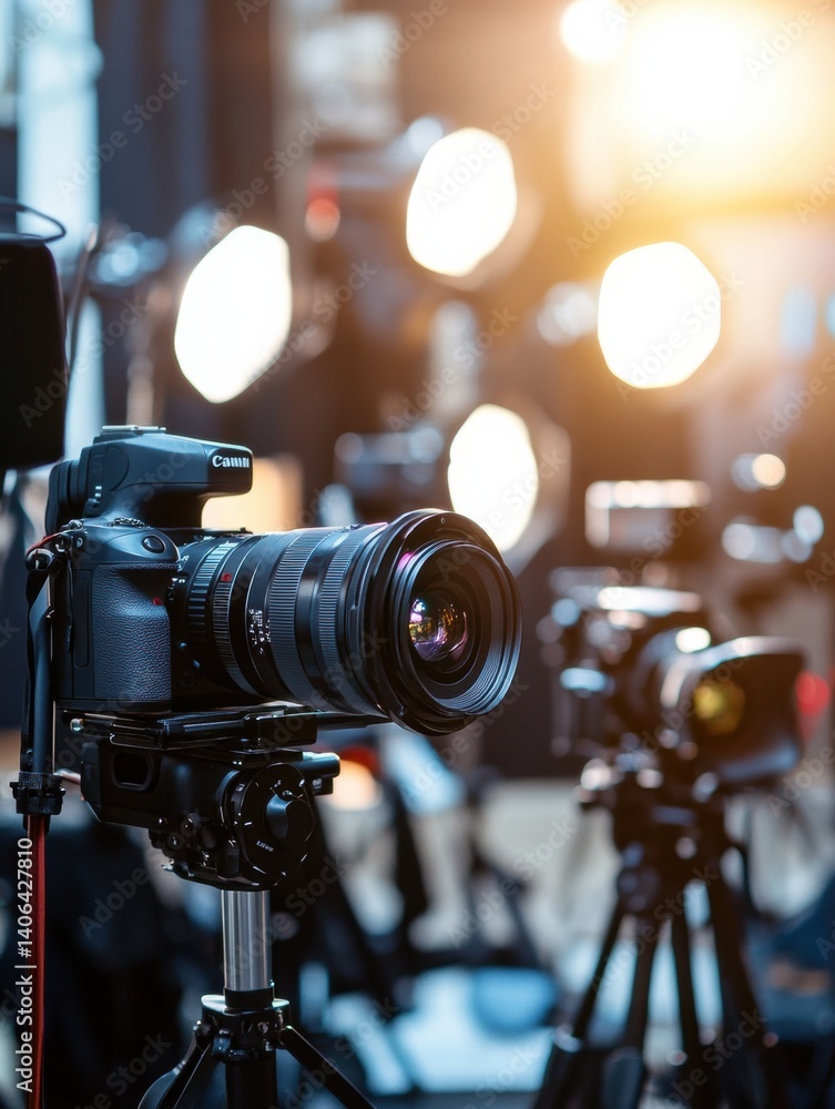Poster capturing moments with camera gear surrounded by soft studio lighting in a vibrant setting showcasin