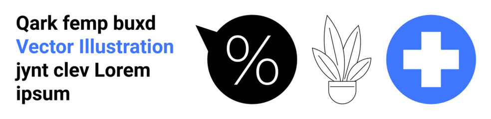 Bold percentage icon, outline plant in pot, solid blue medical cross. Ideal for branding, healthcare, discounts, wellness, eco concepts, minimal designs flat landing page banner