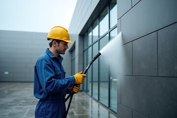 A Construction Worker Is Using A Pressure Washer To Clean The Exterior Wall Of A Building, Industrial Cleaning, Building Maintenance