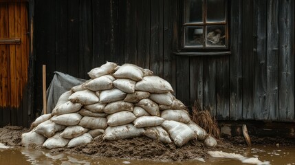 Flood defense: Sandbag barrier erected in front of a weathered wooden building