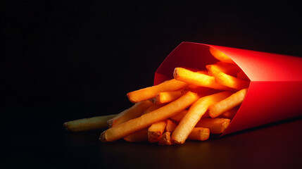 Crispy French Fries in Red Paper Cone on Dark Background