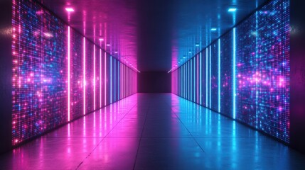 Futuristic neon corridor with vibrant color accents