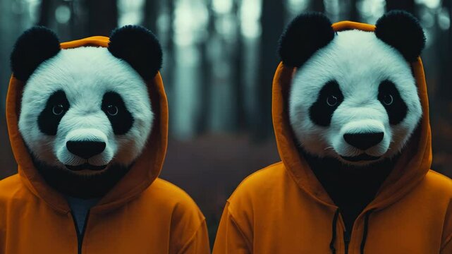 Two figures dressed in panda masks and hoodies stand in a serene forest, creating a whimsical and surreal atmosphere. This playful scene captures the essence of adventure and creativity in nature.