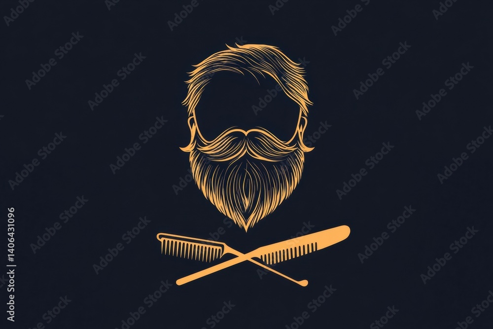 Poster Stylized beard emblem featuring crossed scissors and comb on a dark flat background