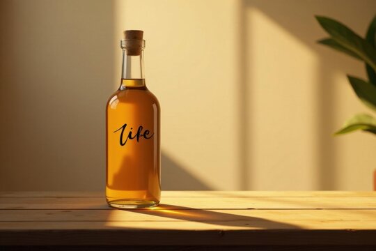 Golden Hour Elixir A Simple Glass Bottle with Life's Essence, Bathed in Warm Sunlight on a Rustic Wooden Table