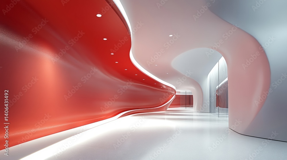 Poster clean modern space with a flowing curved wall and matte red ceiling, illuminated with diffused white