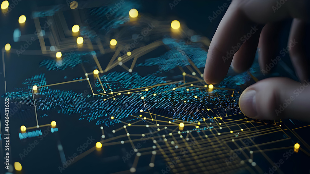 Poster human hand interacting with digital network displaying connections and data points on dark blue back