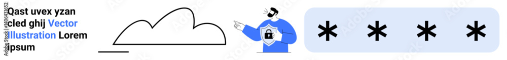 Poster man holding a lock symbol pointing at password placeholders, cloud outline suggesting cloud integrat