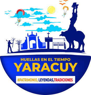 This image is a vibrant and symbolic representation associated with Yaracuy. The central focus is a stylized, blue, semi-circular shape that acts as a backdrop for the text "HUELLAS EN EL TIEMPO" (Foo