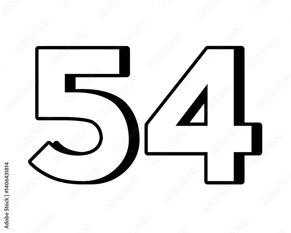 Poster number 54 on transparent background,white color with a bold, 3d appearance and shadow effects for ad