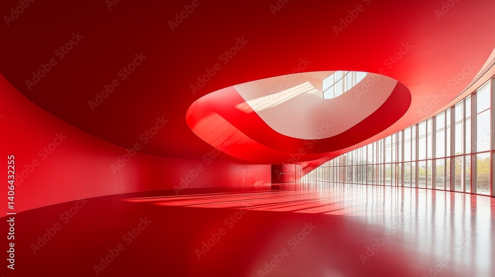 Poster wide-angle interior view with clean curved architecture and a flat red ceiling, perfect for insertin