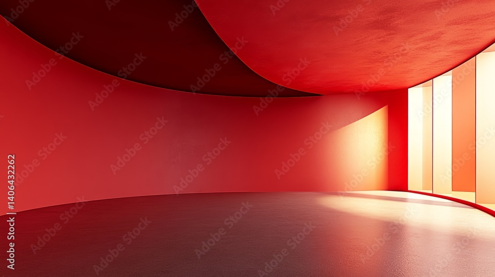 Poster stylish curved wall setup in a blank room with a strong red ceiling color, perfect for showcasing di