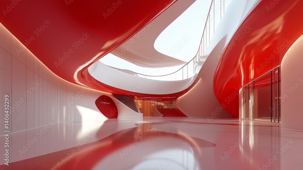 Poster wide-angle interior view with clean curved architecture and a flat red ceiling, perfect for insertin