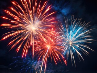 "Colorful Fireworks Banner with Sparks on Blue Background &ndash; Celebrating USA Independence Day"