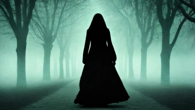 A haunting silhouette stands amidst a dark forest enveloped in ethereal fog. Tall trees create an eerie atmosphere, evoking feelings of mystery and solitude.