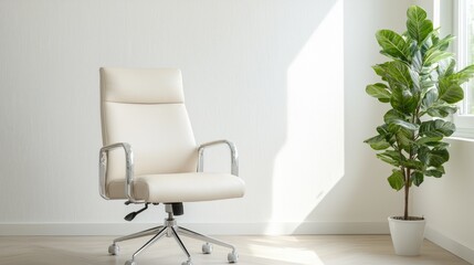 Serene minimalist interior design white chair green plant