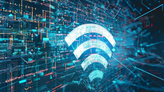 This striking illustration represents a futuristic digital network with a WiFi signal motif, showcasing connectivity and innovation in technology.