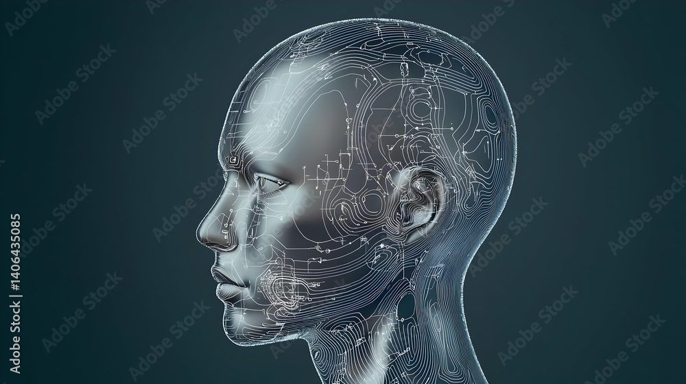 Poster abstract 3d rendering of a human head formed by interconnected glowing particles on a dark teal back