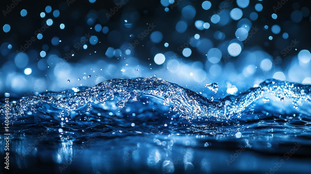 Poster blue water droplets splash in dynamic motion, creating mesmerizing effect