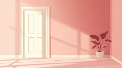 Fototapeta premium Minimalist Pink Room Interior with White Door and Plant