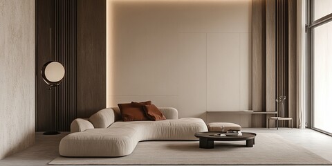 Modern Beige Living Room with Minimalist Design and Natural Light