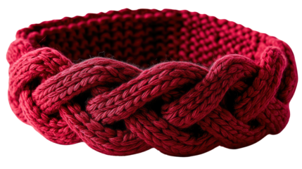 Crimson Knit Headband: A richly colored crimson knit headband, showcasing a beautiful braided pattern, provides a cozy and stylish accessory.