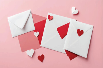 Red and white envelopes with heart decorations on a pastel pink background evoke a romantic valentines day thememantic valentines day theme