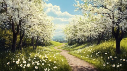Naklejka premium Pathway through a blossoming orchard evokes a serene spring landscape