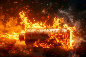 3D illustration, gas tank or bottle engulfed by explosive flames and fire