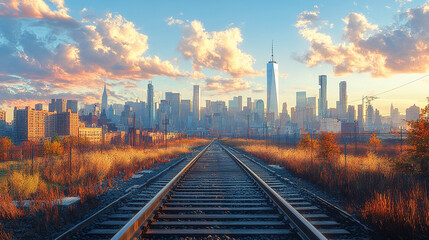 Fototapeta premium Expansive urban landscape with rail tracks leading into cityscape at sunset