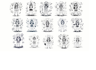 frustration, woman, stress, confusion, problem, headache, exclamation mark, negative, emotion, black line art, vector, minimalist, mental stress, idea, failure, black background, emotion, expression, 