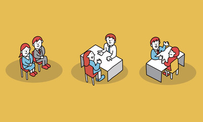 就職活動　個人面接・面談と順番を待つ就活生のイメージイラスト