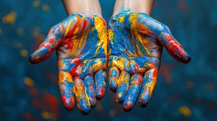 Hands covered in vibrant acrylic paints, palms open.  Detailed view of colorful paint splattered on hands