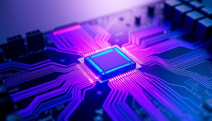 High-Tech Microchip on a Glowing Circuit Board with Futuristic Design