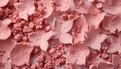 close-up of pink floral shapes and powder on pastel surface