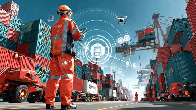 Logistics Mastermind: A logistics professional stands at the forefront of an advanced distribution hub, surrounded by interconnected systems, overseeing a network of transport and storage.