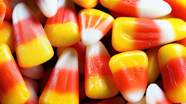 A close-up view of vibrant candy corn captures the essence of autumn festivities. The colorful treat is perfect for Halloween, celebrations, and sweet indulgence.
