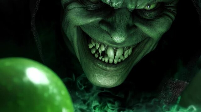A sinister character with a menacing grin holds a green apple in a dark, eerie setting. The image conveys a chilling atmosphere, evoking feelings of fear and intrigue.
