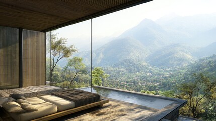 Modern mountain retreat bedroom with panoramic views.