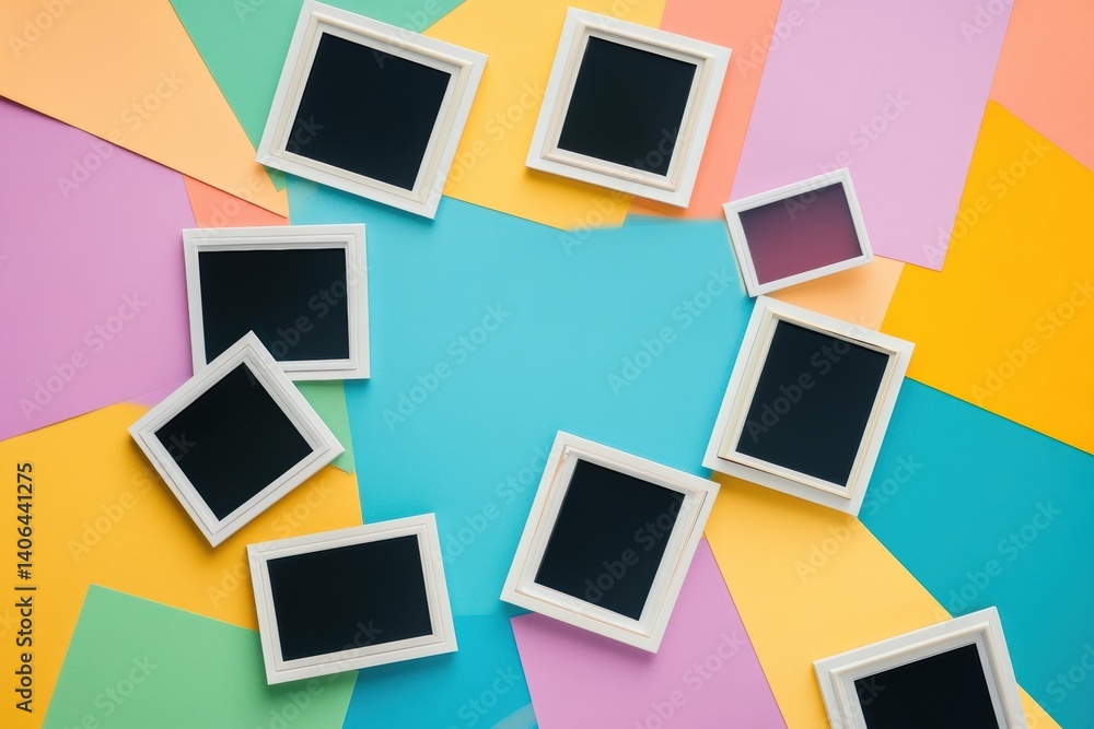 Fototapete Polaroid frames scattered across a vibrant colorful background with ample blank space for creative design