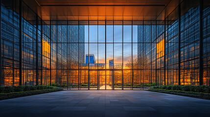 Obraz premium Golden hour light glows inside glass buildings, creating stunning view