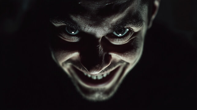 A man with a creepy smile that looks unnatural, his eyes wide open with a dark expression, dark room background with dim light only illuminating his face, Ai generated images