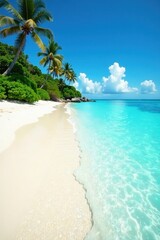 Fototapeta premium Crystal-clear aqua water, soft white sand, distant palms , white, summer, green