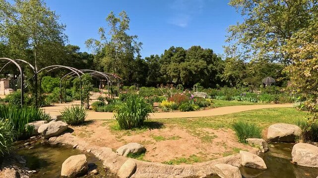 footage of a gorgeous spring landscape with colorful flowers and lush green trees and plants at Descanso Gardens La Canada Flintridge California USA