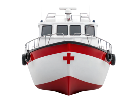 Emergency rescue boat harbor dock cutout background nautical environment front view safety concept